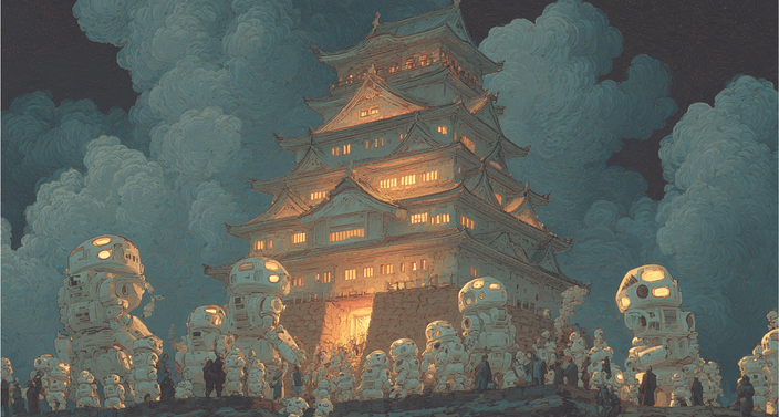 A group of robots gather around a brightly lit, traditional Japanese castle at night, surrounded by dramatic, swirling clouds.