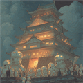 A group of robots gather around a brightly lit, traditional Japanese castle at night, surrounded by dramatic, swirling clouds.