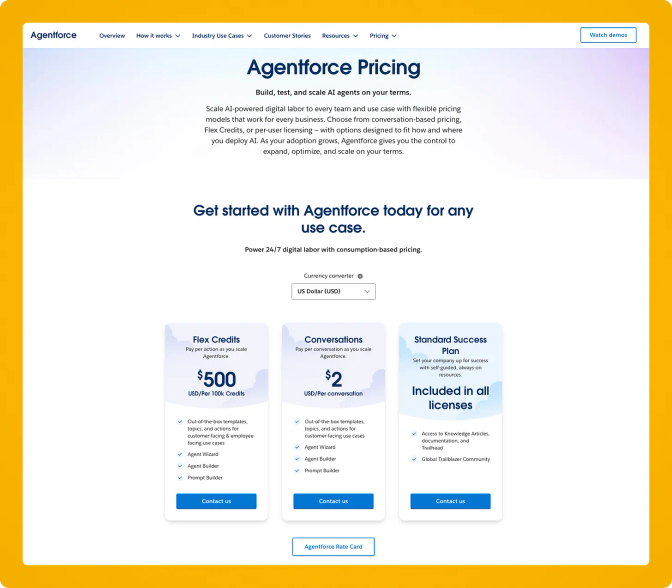 Agentforce pricing page with three plans: Flex Credits, Conversations, and Standard Success. Includes features, pricing, and a currency converter.