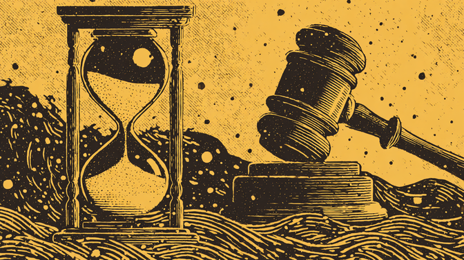 A judges gavel and an hourglass, hinting at the concept that time is running our for AI agent companies that don't track their costs.