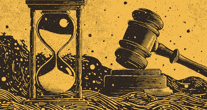 A judges gavel and an hourglass, hinting at the concept that time is running our for AI agent companies that don't track their costs.