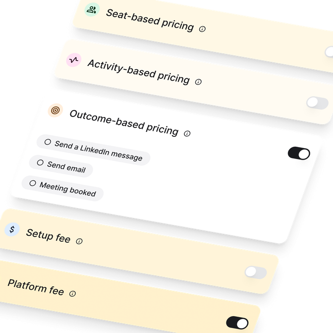 Pricing options interface with toggles for seat-based, activity-based, outcome-based pricing, setup fee, and platform fee.