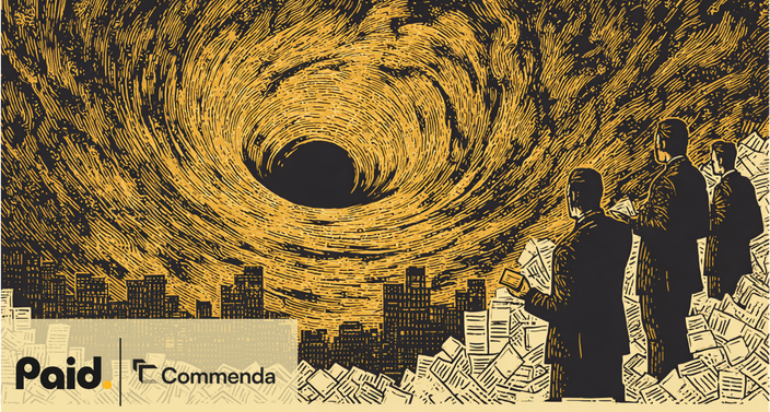 A giant swirling black hole sucking in tax forms, payroll stubs, and state flags, while AI agents in sleek metallic suits stand observing from a distance. States’ treasuries represented as glowing vaults dimming in the background.