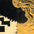 Abstract art with geometric stairs on the left and swirling yellow patterns on the right against a black background.
