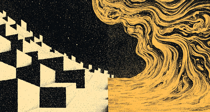 Abstract art with geometric stairs on the left and swirling yellow patterns on the right against a black background.