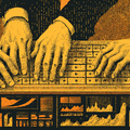 Illustration of hands typing on a keyboard surrounded by graphs and charts, depicting data analysis or financial activity.