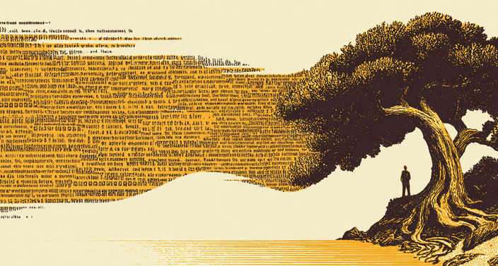 A tree with a person standing beneath, its branches transforming into flowing text, creating a wave-like pattern against a beige background.
