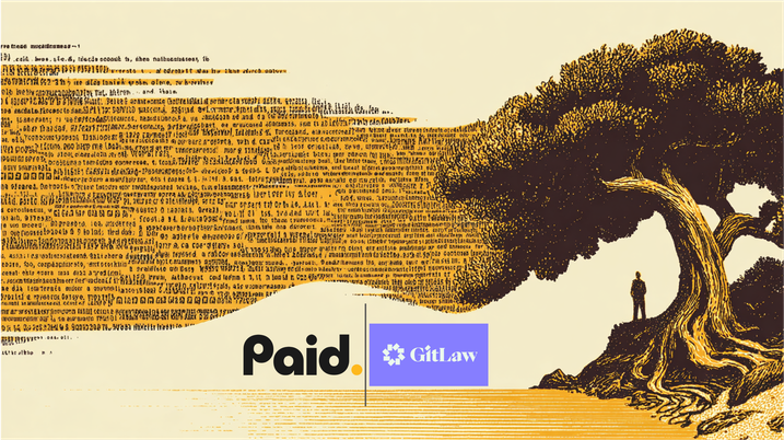 A tree with a person standing beneath, its branches transforming into flowing text, creating a wave-like pattern against a beige background.