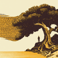 A tree with a person standing beneath, its branches transforming into flowing text, creating a wave-like pattern against a beige background.
