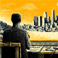 A man drawing up some billboards, overlooking the city of San Francisco