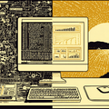 Split screen comparison illustration, left side shows tangled messy code and engineering tools representing "build", right side shows clean organized platform dashboard representing "buy"