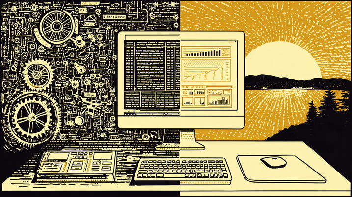 Split screen comparison illustration, left side shows tangled messy code and engineering tools representing "build", right side shows clean organized platform dashboard representing "buy"