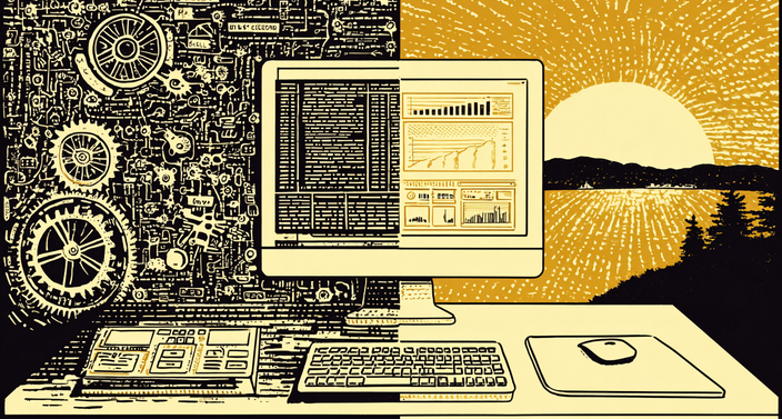 Split screen comparison illustration, left side shows tangled messy code and engineering tools representing "build", right side shows clean organized platform dashboard representing "buy"