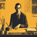 Illustration of a man in glasses and suit writing at a desk, surrounded by brushes, ink pots, and books, against a yellow background.