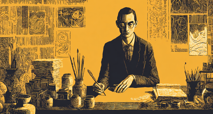 Illustration of a man in glasses and suit writing at a desk, surrounded by brushes, ink pots, and books, against a yellow background.