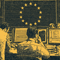Retro illustration of people at computer workstations with the European Union flag's stars overhead.