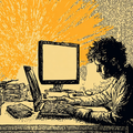 Illustration of a person typing on a laptop at a cluttered desk, with a bright, abstract explosion behind a computer monitor.