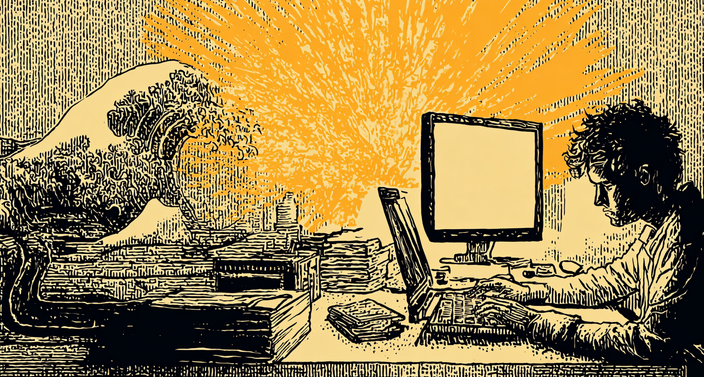 A person typing on a laptop at a cluttered desk, with a wave crashing through papers and a bright explosion in the background.