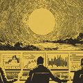Silhouetted figures at desks with monitors face a large, stylized sun in a yellow-tinted landscape, creating a futuristic atmosphere.