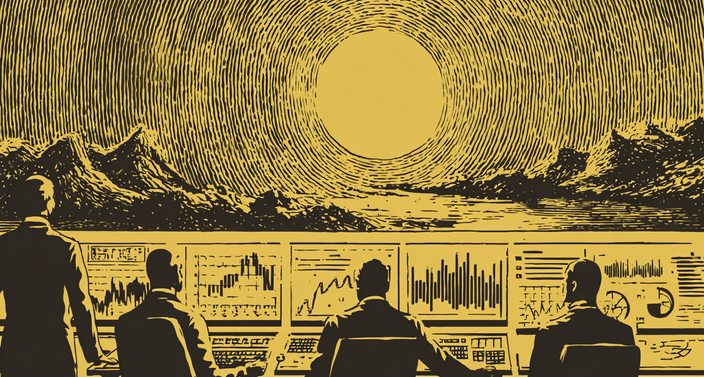 Silhouetted figures at desks with monitors face a large, stylized sun in a yellow-tinted landscape, creating a futuristic atmosphere.