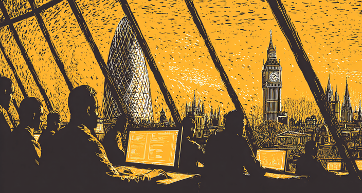 The gherkin (swiss re), London Eye, Big Ben, London tech scene, warm lighting, glass walls, city lights, London monuments, people working on glowing monitors, sense of intensity and focus, architectural photography style