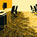 Illustration of an office with computers and chairs, where the floor transforms into circuit-like patterns, blending technology with workspace.