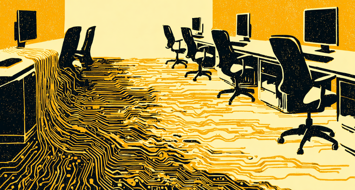 Illustration of an office with computers and chairs, where the floor transforms into circuit-like patterns, blending technology with workspace.