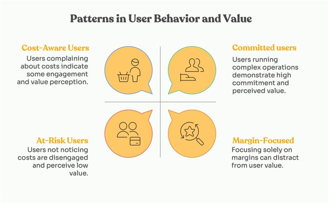 Infographic on user behavior: Cost-Aware, Committed, At-Risk, and Margin-Focused users, highlighting engagement and value perception.