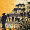 Silhouettes of people standing on ripple-like patterns with a large, bright sun in the background, creating a dramatic contrast.