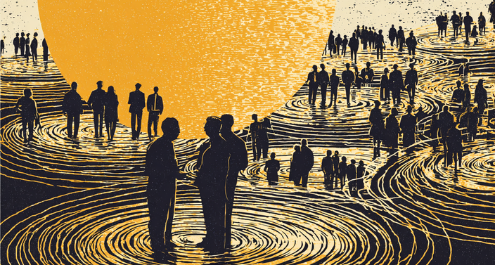Silhouettes of people standing on ripple-like patterns with a large, bright sun in the background, creating a dramatic contrast.