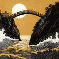 A stylized illustration of a bridge connecting cliffs over a turbulent sea, with a full moon in the background and a pagoda on one cliff.