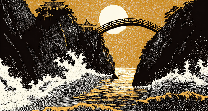 Illustration of a Japanese landscape with a bridge over cliffs, temples, crashing waves, and a large sun in the background.