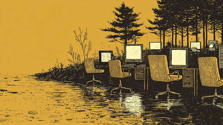 Desks with computers and office chairs are submerged in water, set against a backdrop of trees under a yellow sky.