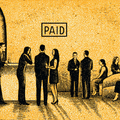 A group of people socializing in a bar with a "PAID" sign above.
