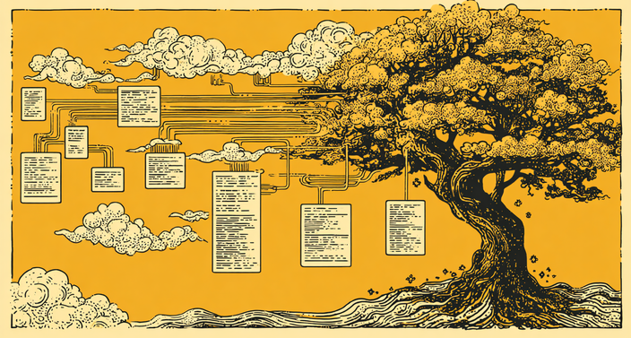 technical diagram showing OpenTelemetry trace spans flowing through system, nested hierarchical structure, API calls branching into decisions and outcomes, clean infographic style