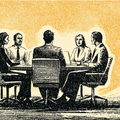 Illustration of people in business attire sitting around a conference table, engaged in discussion, with an orange textured background.