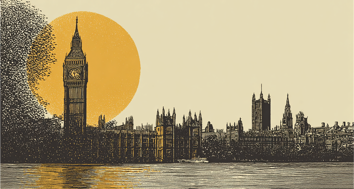 Illustration of Big Ben with a large orange sun in the background, surrounded by detailed dot patterns and the London skyline silhouette.