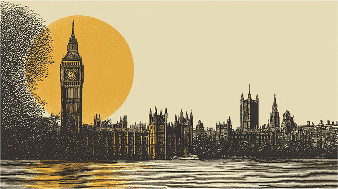 Illustration of Big Ben with a large orange sun in the background, surrounded by detailed dot patterns and the London skyline silhouette.