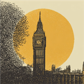 Illustration of Big Ben with a large orange sun in the background, surrounded by detailed dot patterns and the London skyline silhouette.