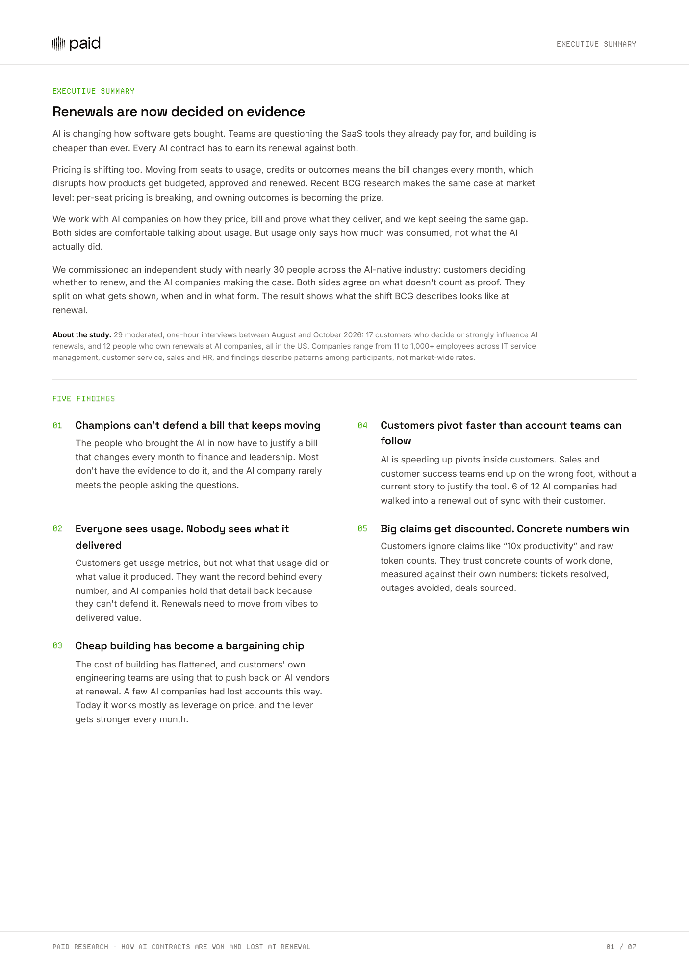 The report's executive summary: renewals are now decided on evidence, followed by its five findings